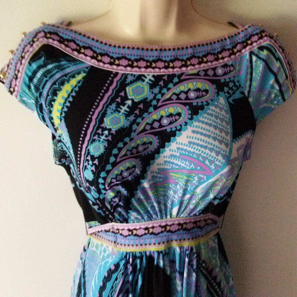 NY & Co. Blue Paisley Stretch Cap Sleeve Dress XS